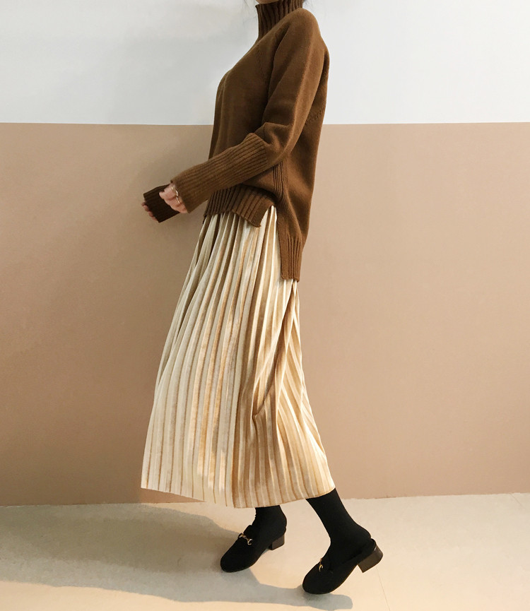 Pleasant Shiny Velvet Pleated Flare Long Skirt 4co