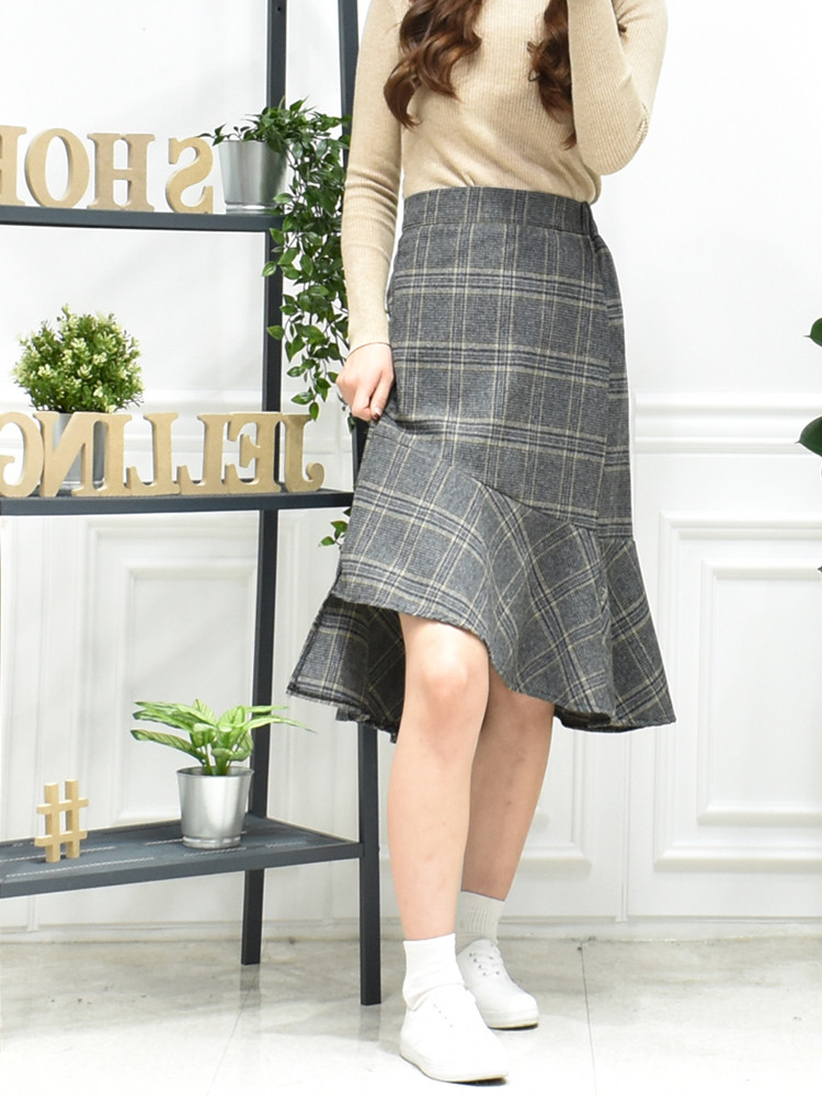 Check Long Uncle Mermaid Skirt 3color Fall Wool