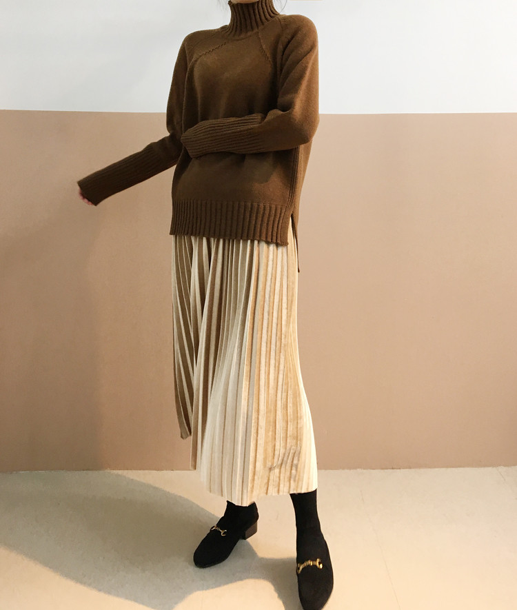 Pleasant Shiny Velvet Pleated Flare Long Skirt 4co