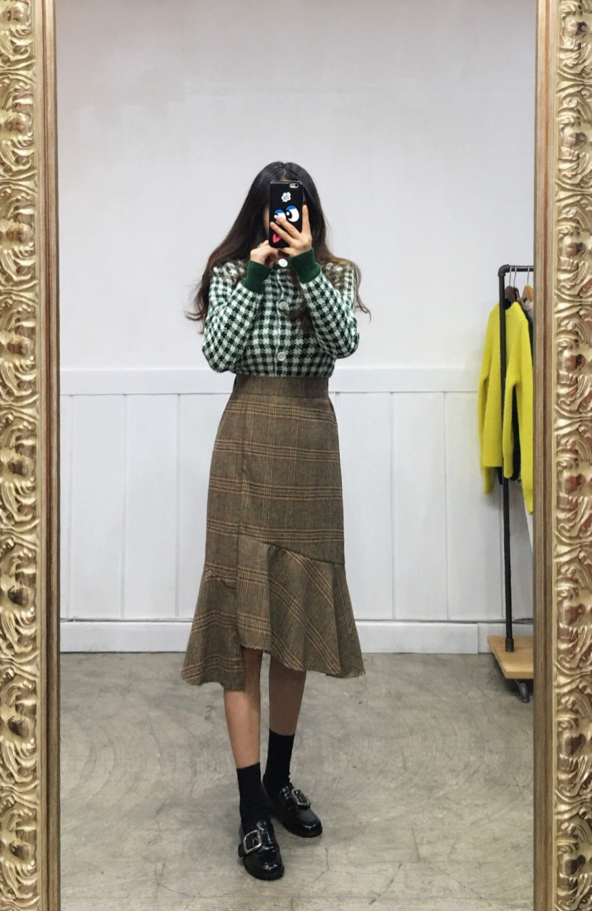 Winter Mermaid Check Unlined Long Skirt 2COLOR Coo