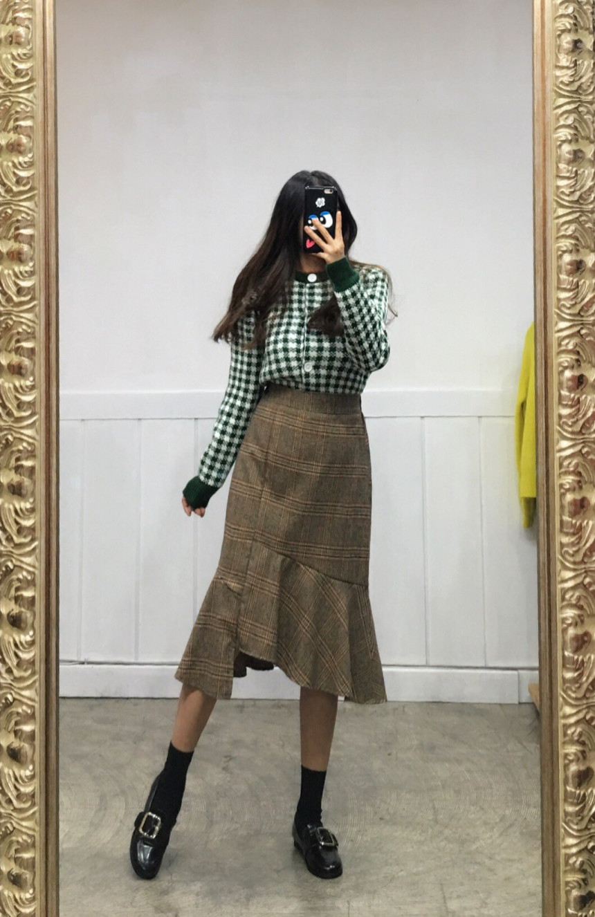 Winter Mermaid Check Unlined Long Skirt 2COLOR Coo