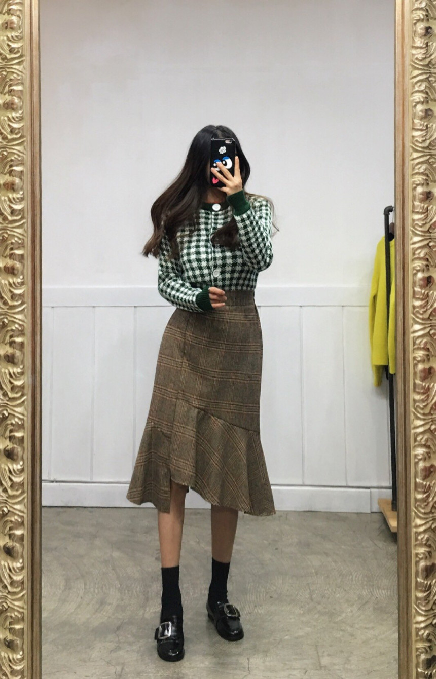 Winter Mermaid Check Unlined Long Skirt 2COLOR Coo