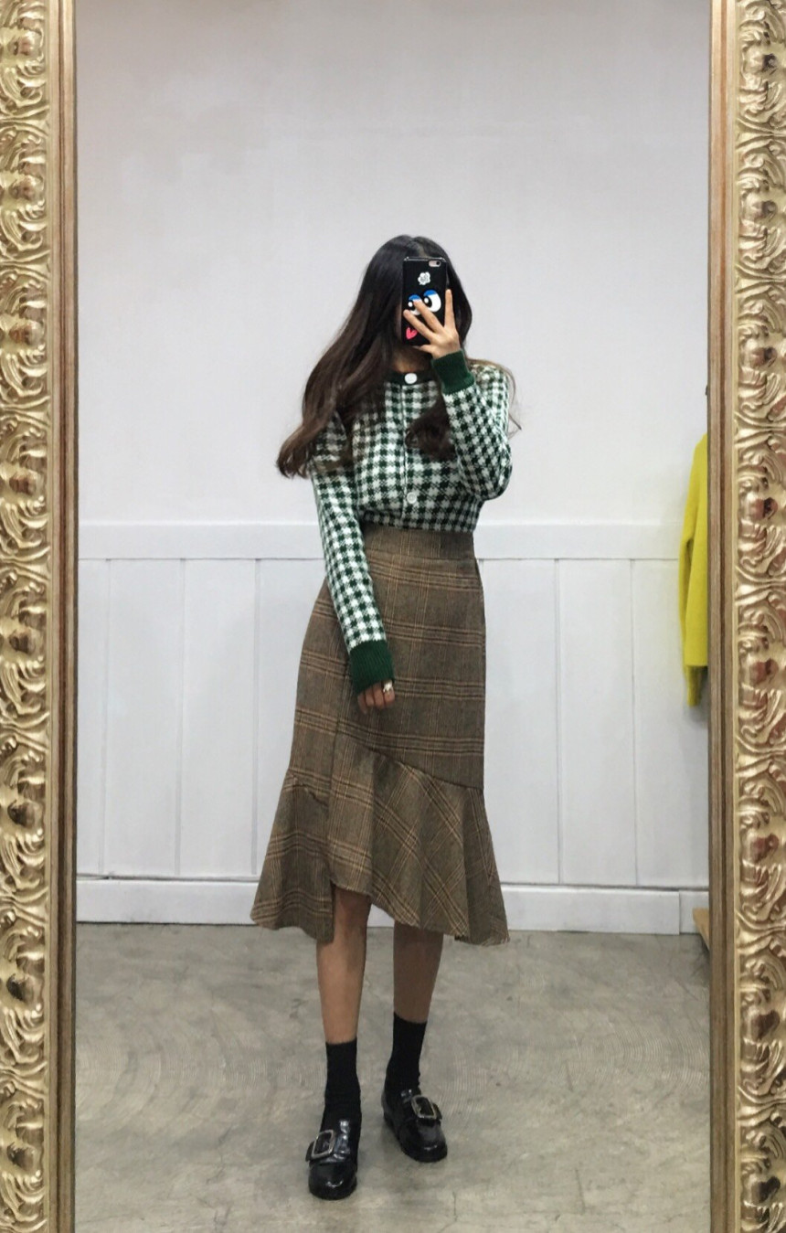 Winter Mermaid Check Unlined Long Skirt 2COLOR Coo