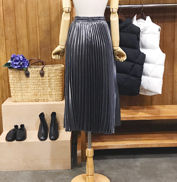 Metal pleated long skirt wrinkled autumn