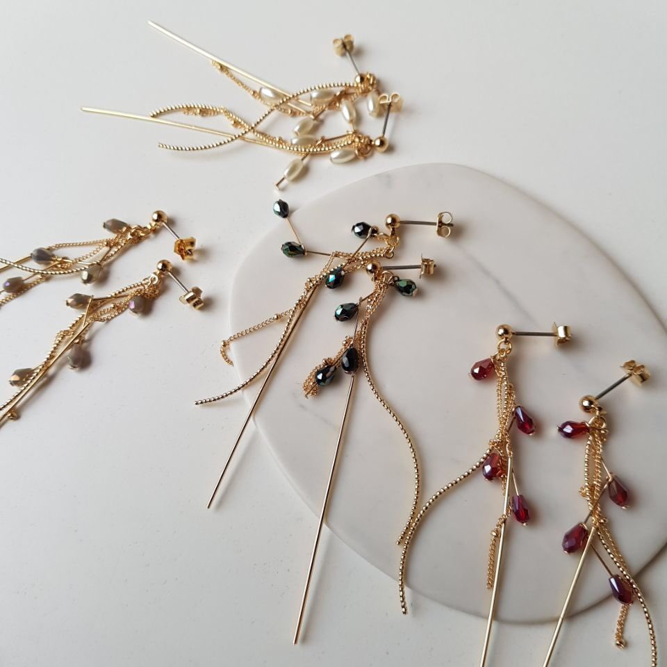 Lauren Crystal Long Drop Earrings 4 color Luxury l
