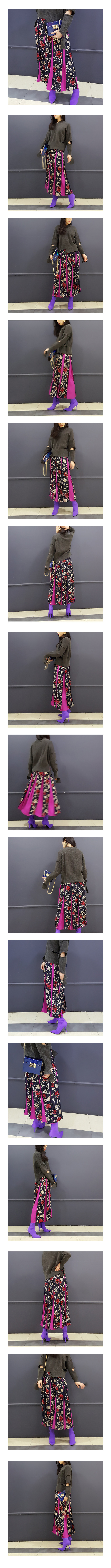 Oriental flower color Pleated skirt Shalla Long fl