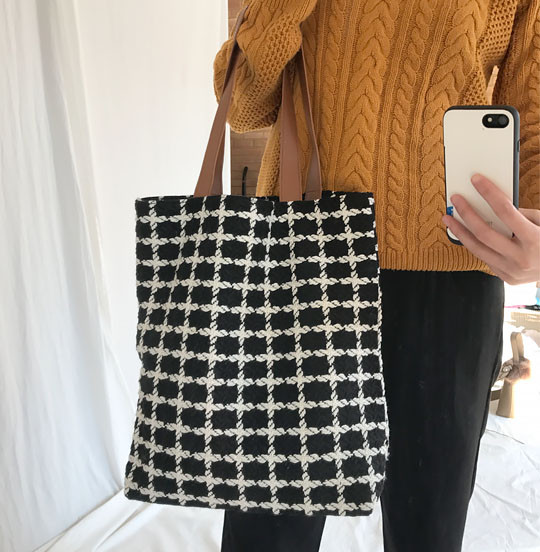 Check Tweed Eco Bag Embroidery college bag Recomme