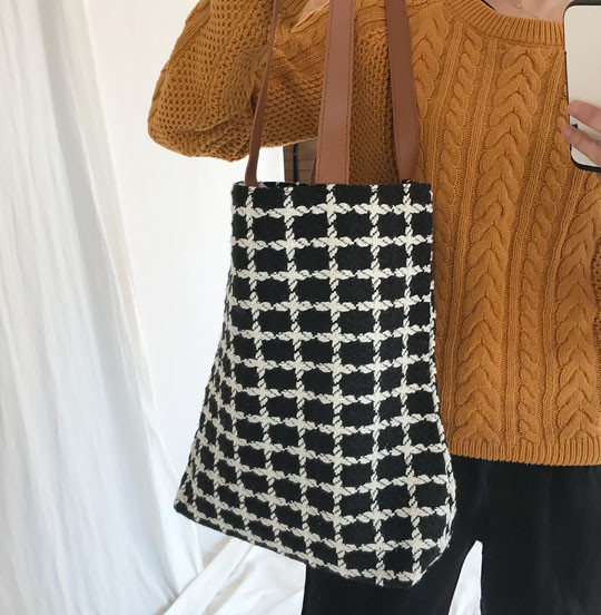 Check Tweed Eco Bag Embroidery college bag Recomme