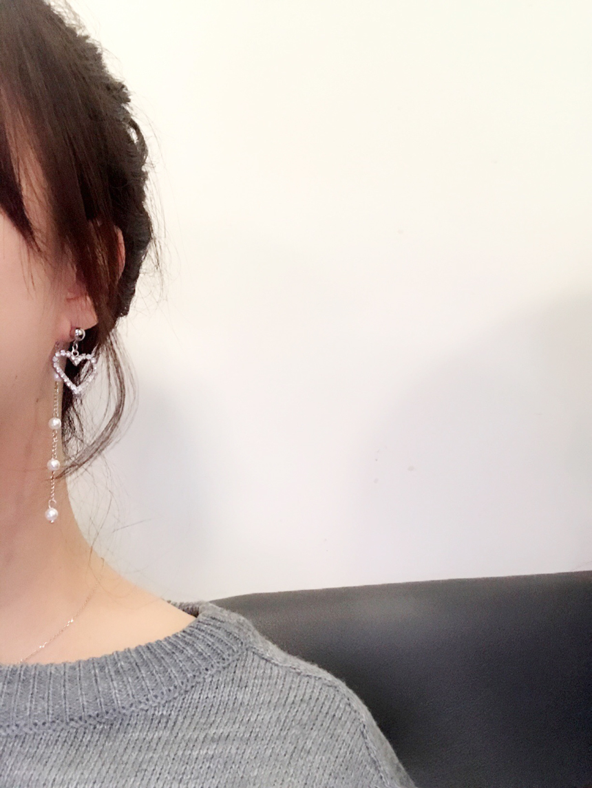 Three-ply heart and pearl unbalanced earrings earr