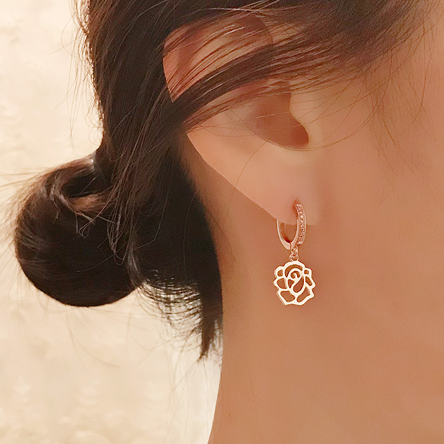 14K 골드핀 로즈드롭 원터치 장미 금침귀걸이