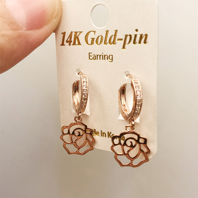 14K 골드핀 로즈드롭 원터치 장미 금침귀걸이 - 상세 이미지 2