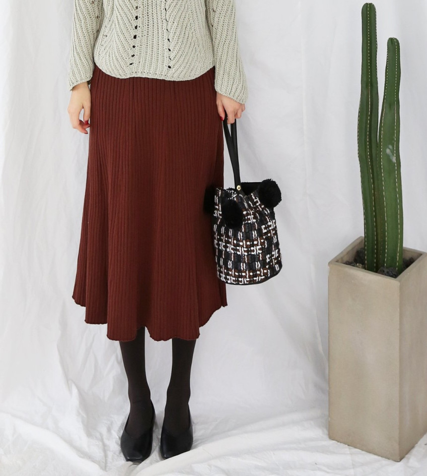 Wrinkled knit wool flared skirt 4COLOR Women Bendi