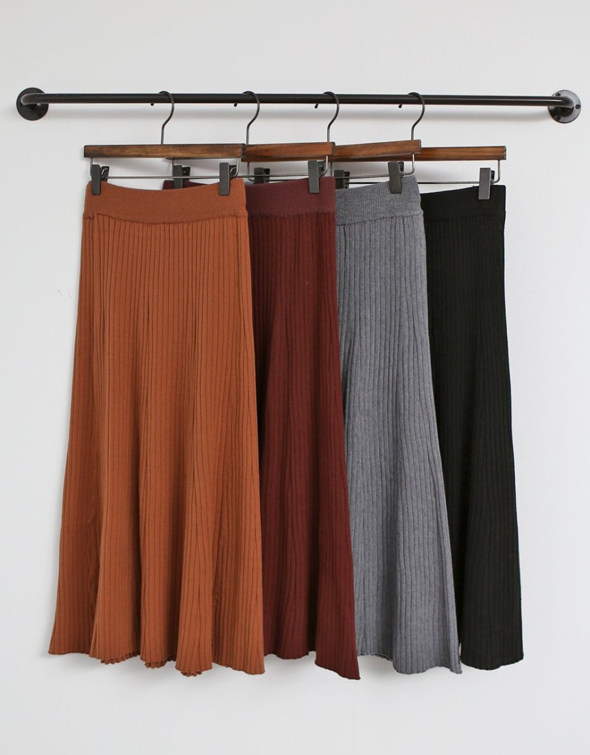 Wrinkled knit wool flared skirt 4COLOR Women Bendi