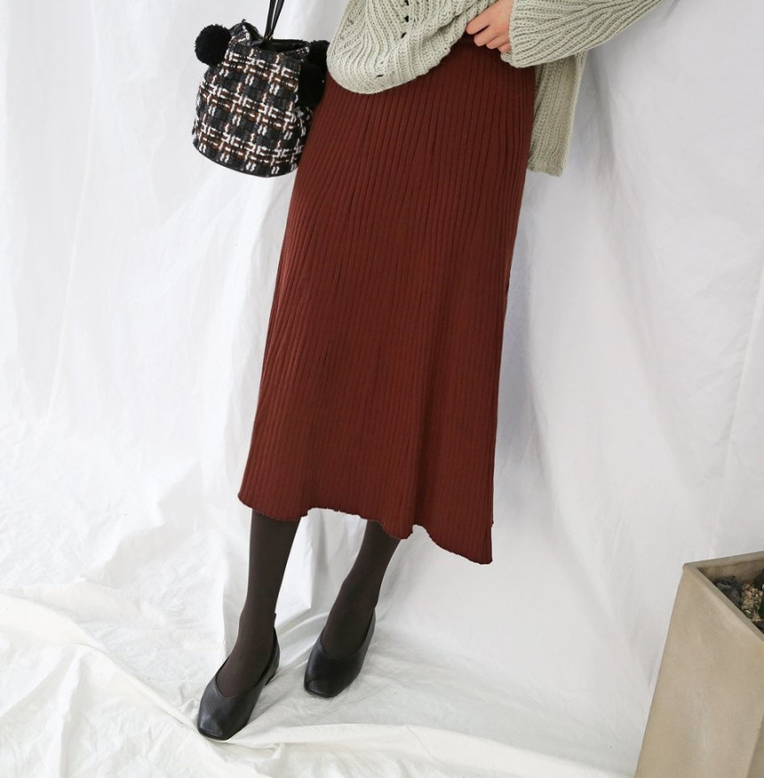 Wrinkled knit wool flared skirt 4COLOR Women Bendi