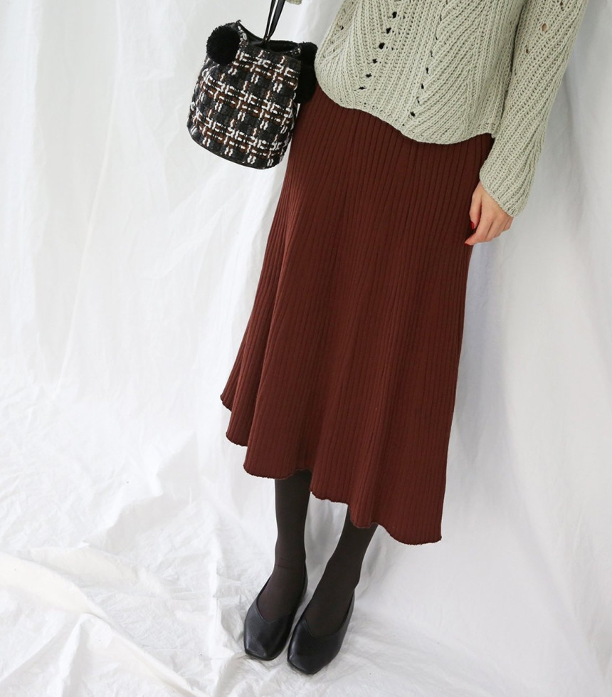 Wrinkled knit wool flared skirt 4COLOR Women Bendi