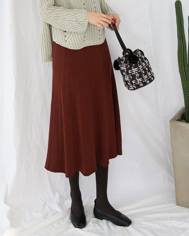 Wrinkled knit wool flared skirt 4COLOR Women Bendi