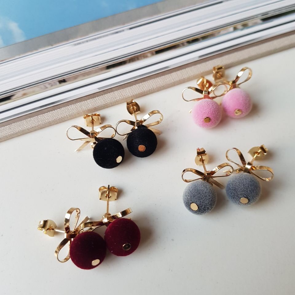 Belly Ribbon Pom-Form Velvet Mini Earrings 4color