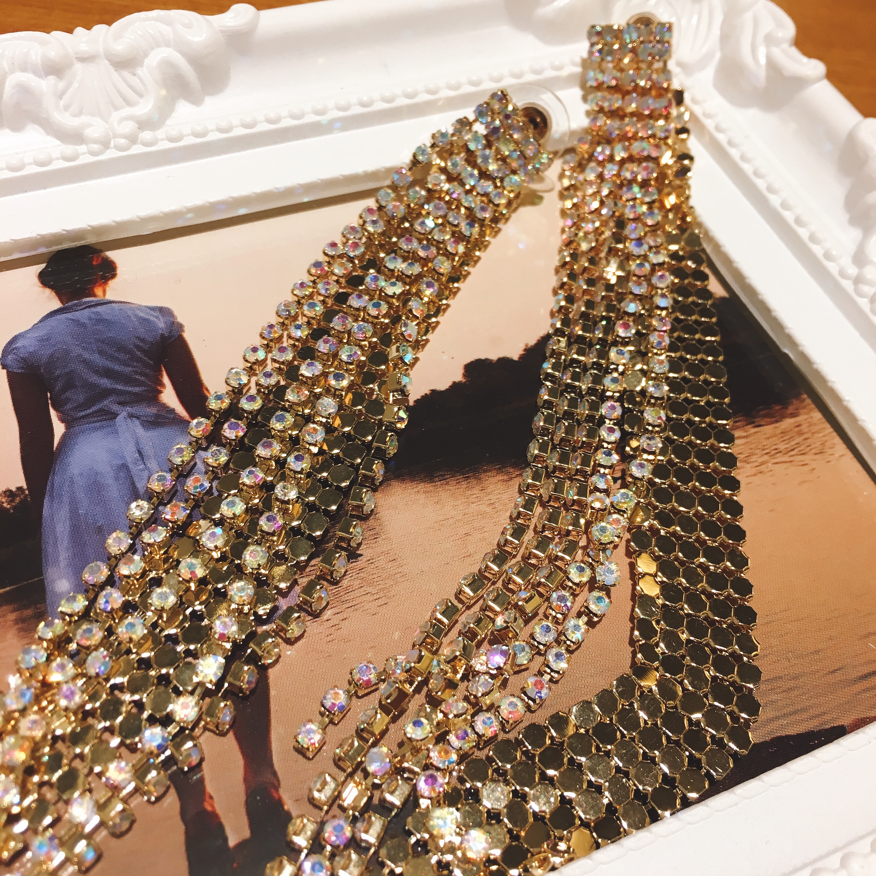 Luxurious Opal Light Glitter Gold Long Drop Earrin
