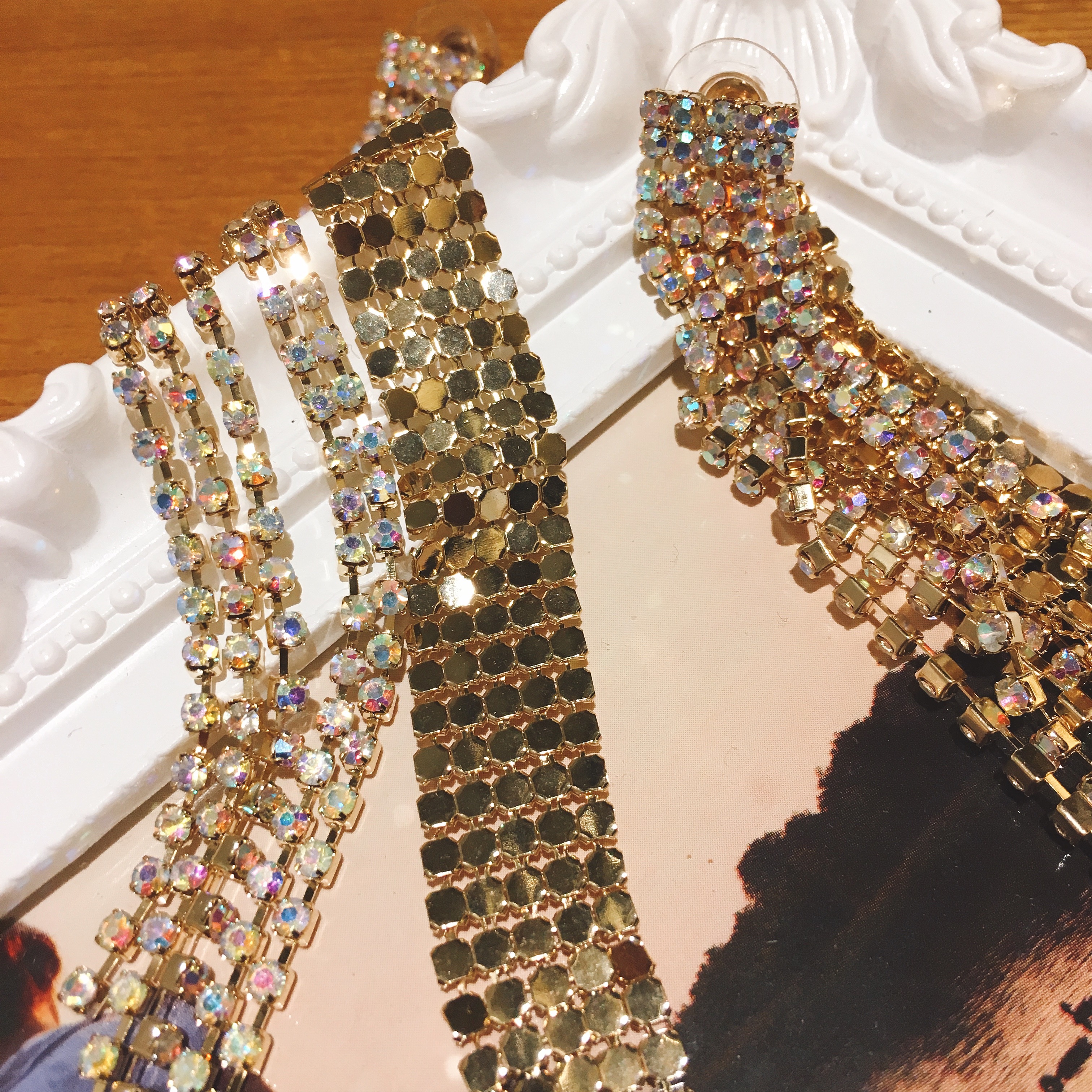 Luxurious Opal Light Glitter Gold Long Drop Earrin