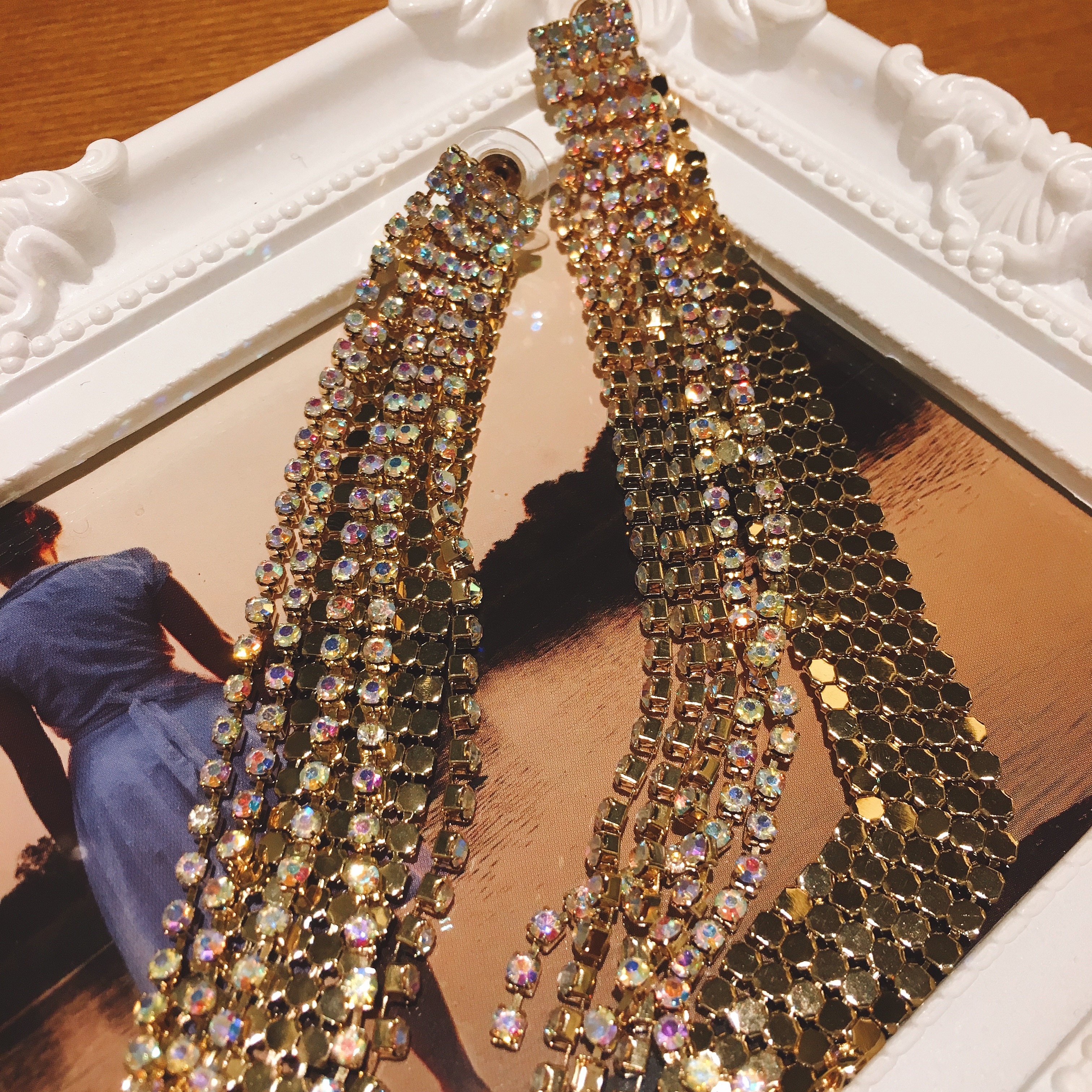 Luxurious Opal Light Glitter Gold Long Drop Earrin