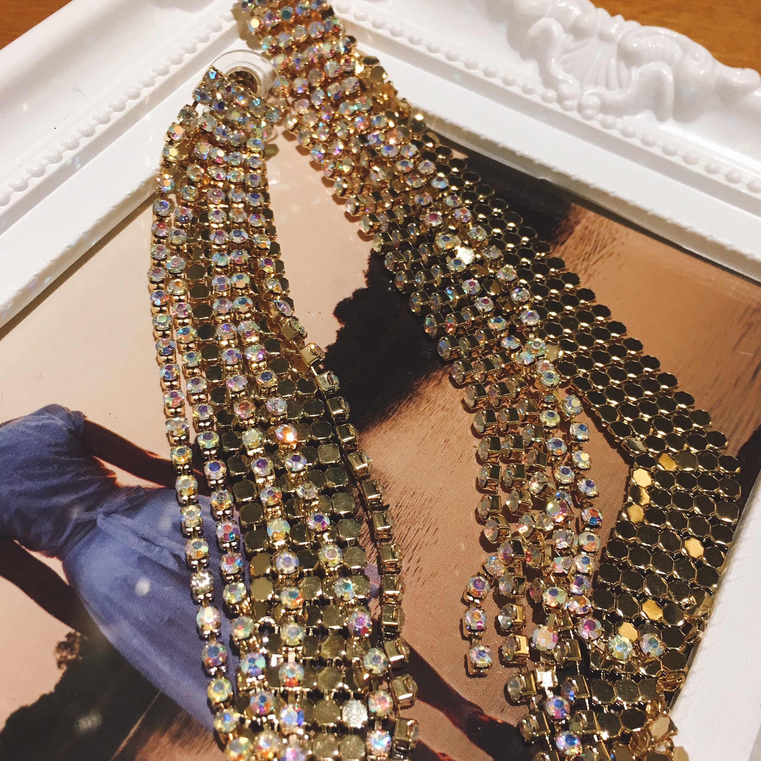 Luxurious Opal Light Glitter Gold Long Drop Earrin