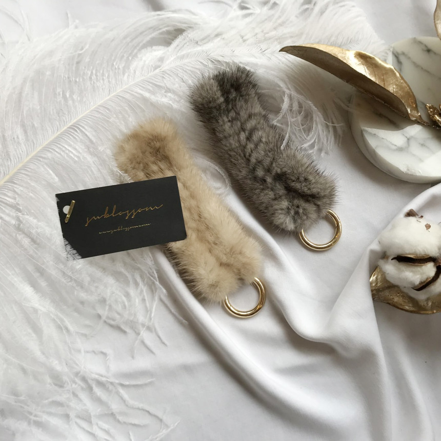 Handmade Natural Mink Keyring 2COL Real Fox Keyhol