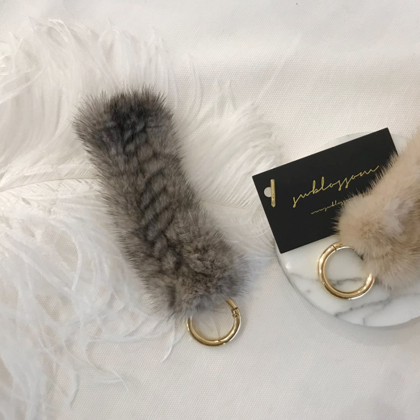 Handmade Natural Mink Keyring 2COL Real Fox Keyhol