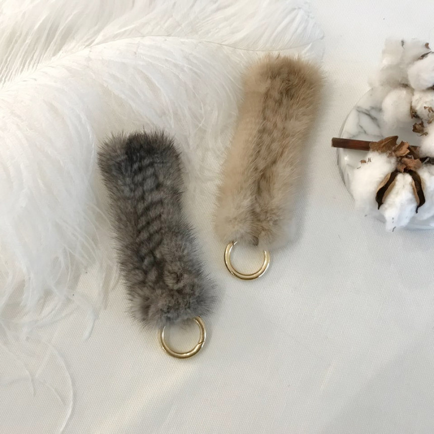 Handmade Natural Mink Keyring 2COL Real Fox Keyhol