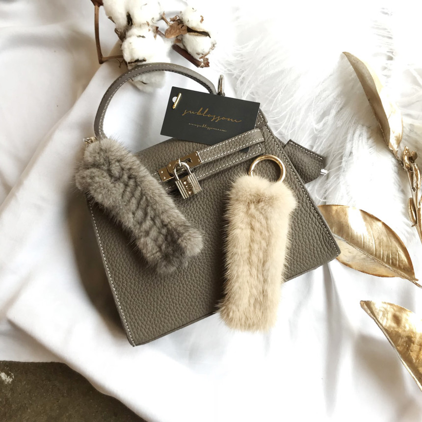 Handmade Natural Mink Keyring 2COL Real Fox Keyhol