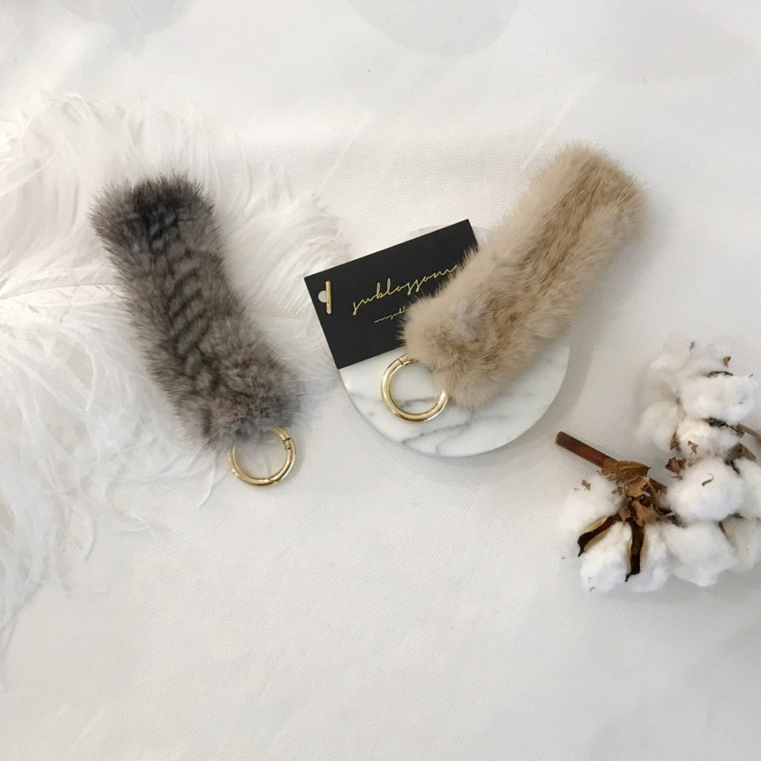 Handmade Natural Mink Keyring 2COL Real Fox Keyhol
