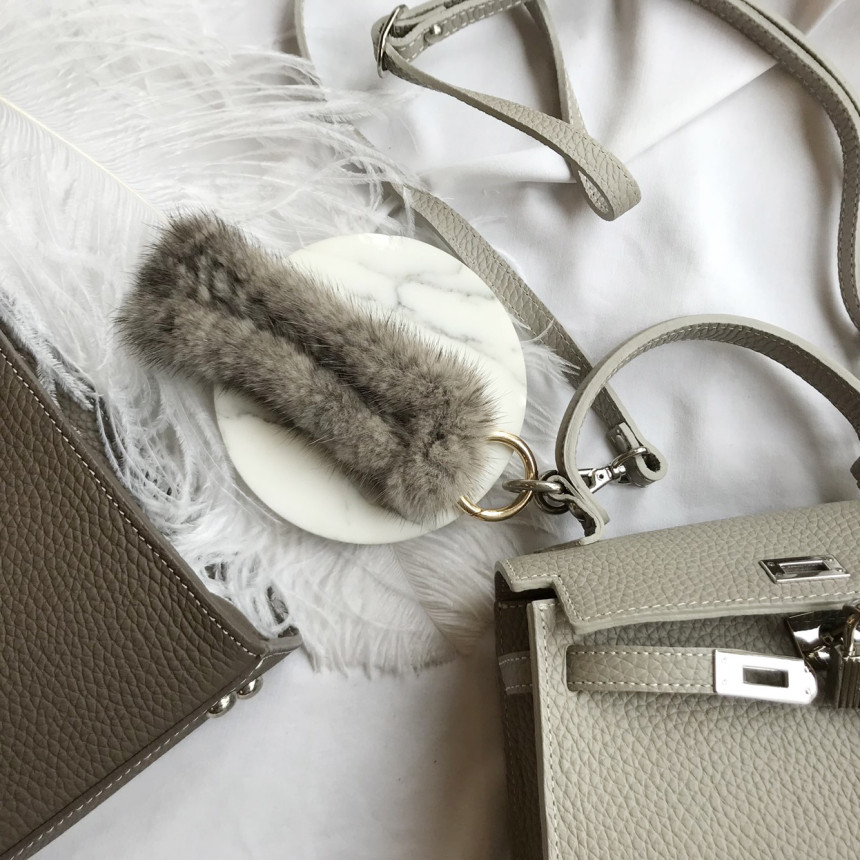 Handmade Natural Mink Keyring 2COL Real Fox Keyhol