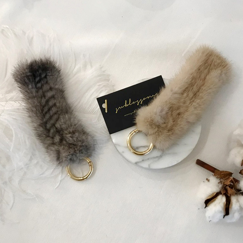Handmade Natural Mink Keyring 2COL Real Fox Keyhol
