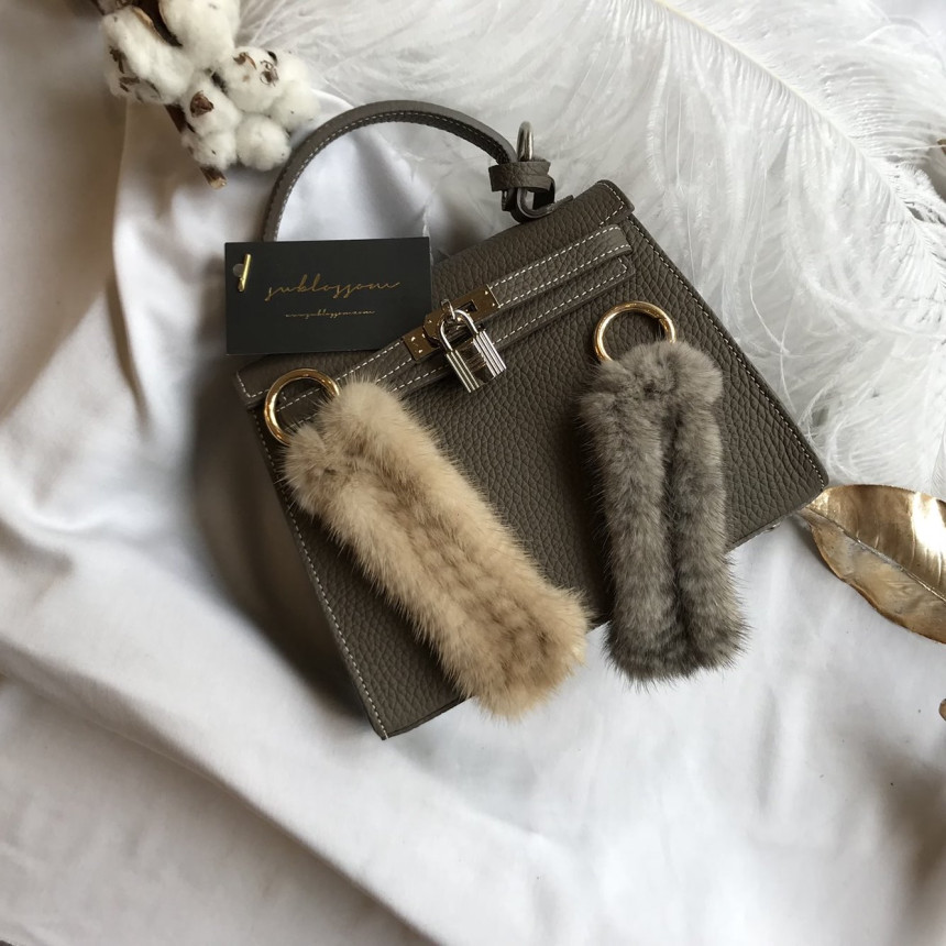 Handmade Natural Mink Keyring 2COL Real Fox Keyhol