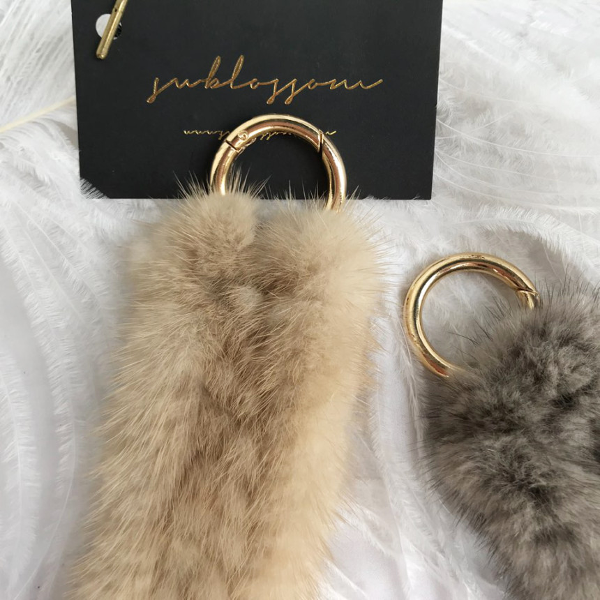 Handmade Natural Mink Keyring 2COL Real Fox Keyhol