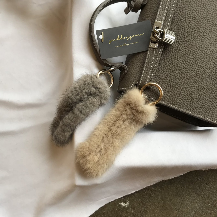 Handmade Natural Mink Keyring 2COL Real Fox Keyhol