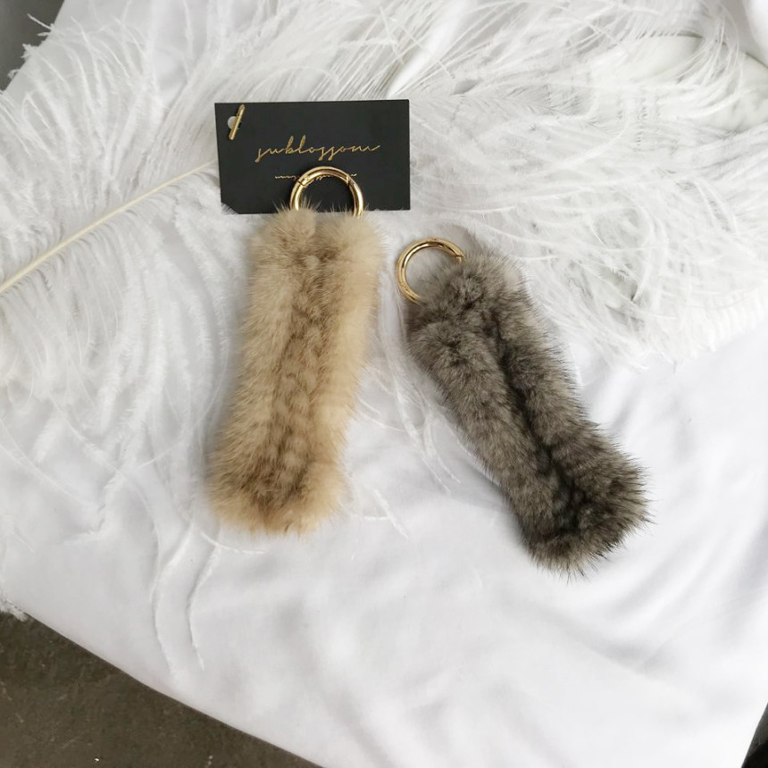 Handmade Natural Mink Keyring 2COL Real Fox Keyhol