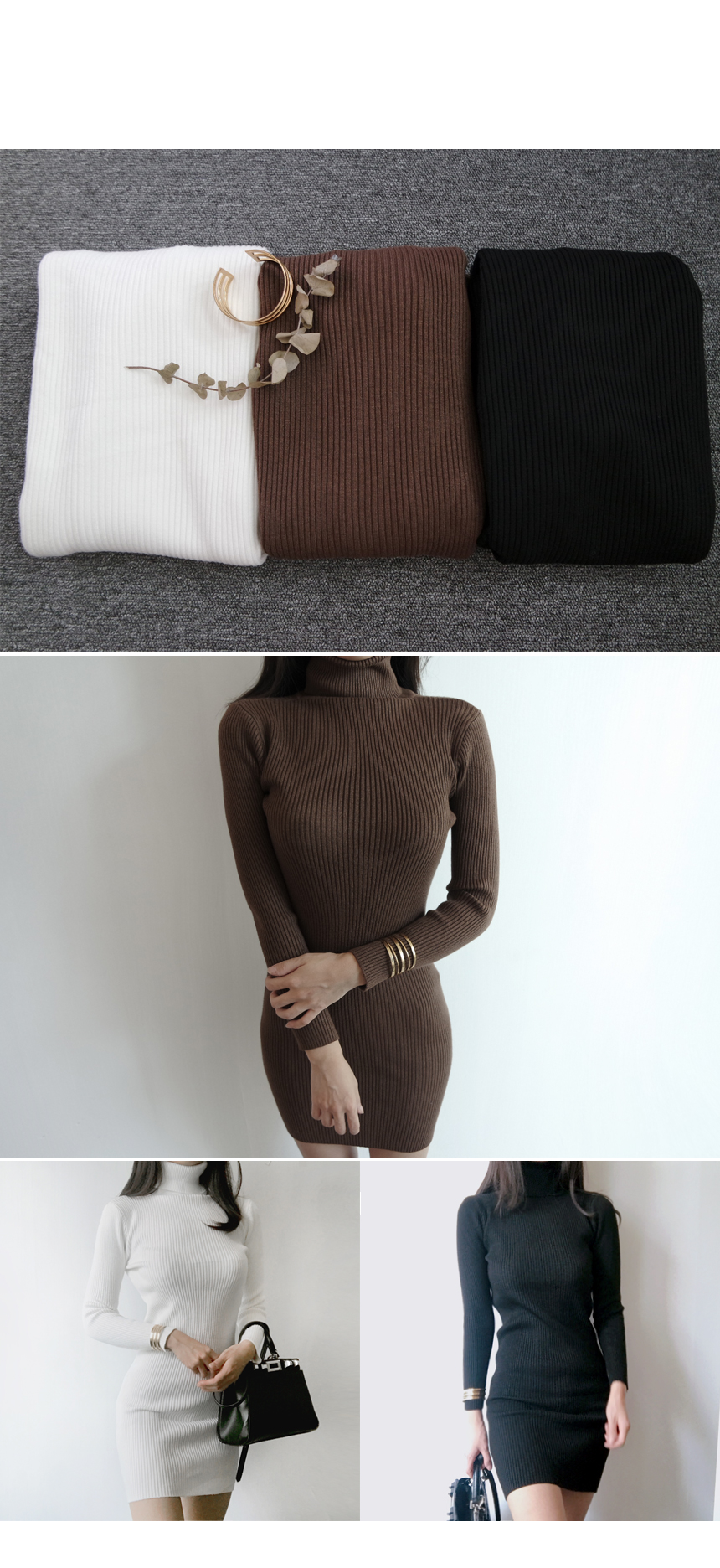 Winter Neck Polar Gold Long Knit Dress Mini