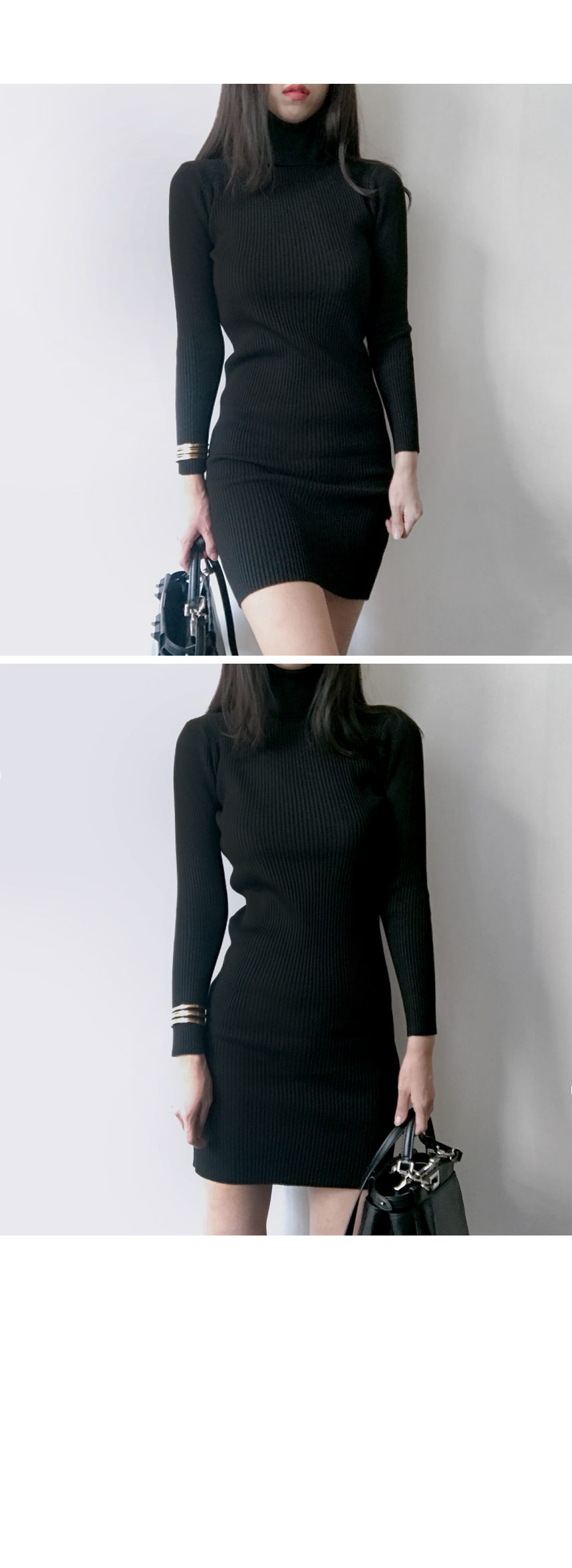 Winter Neck Polar Gold Long Knit Dress Mini