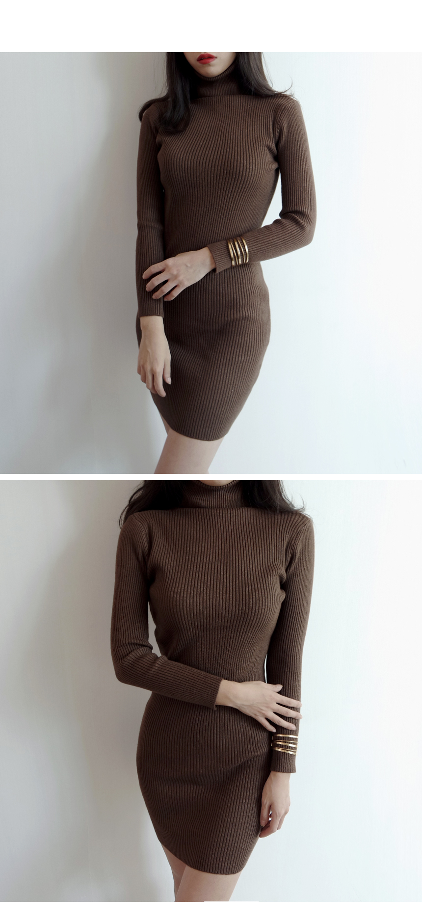 Winter Neck Polar Gold Long Knit Dress Mini
