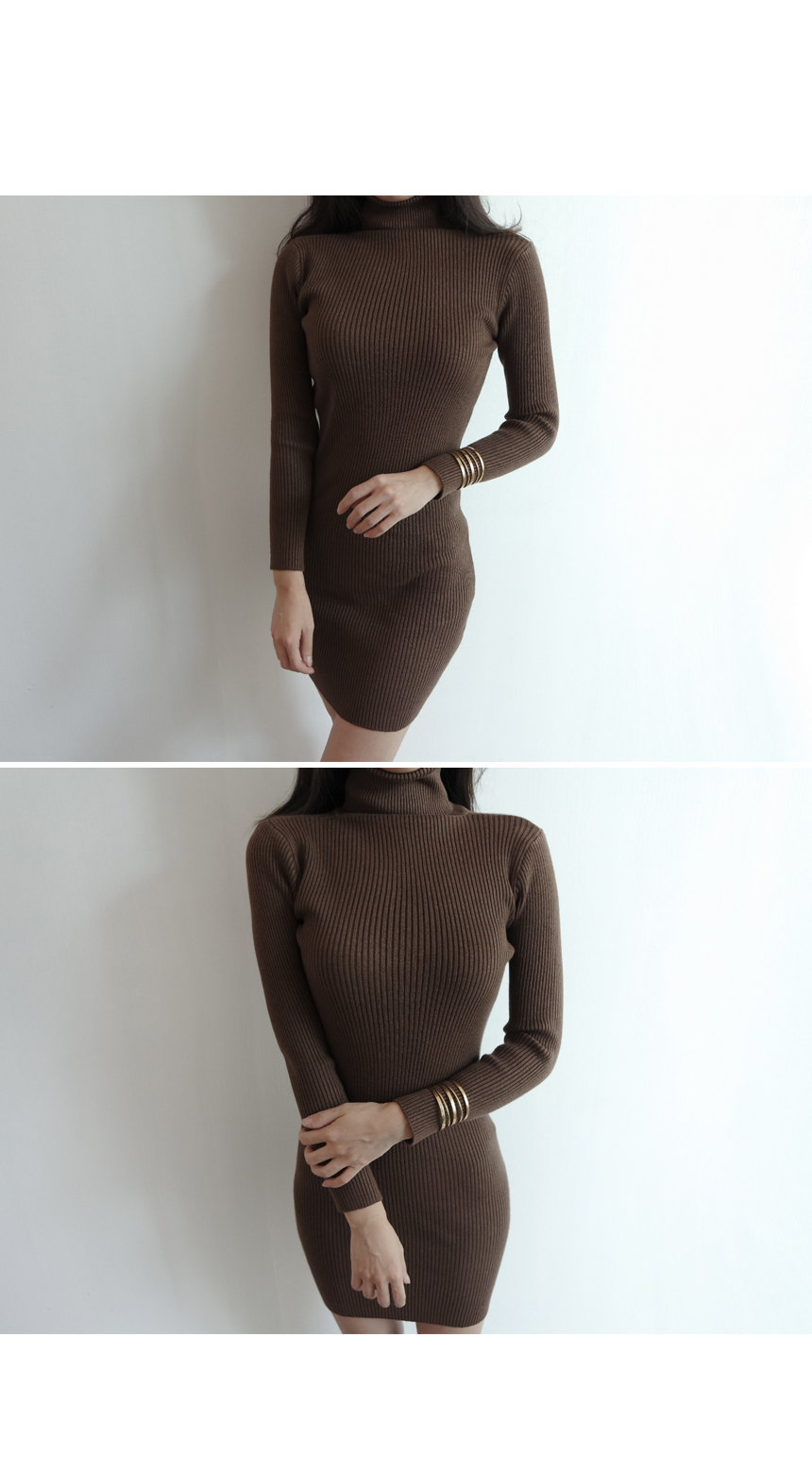 Winter Neck Polar Gold Long Knit Dress Mini