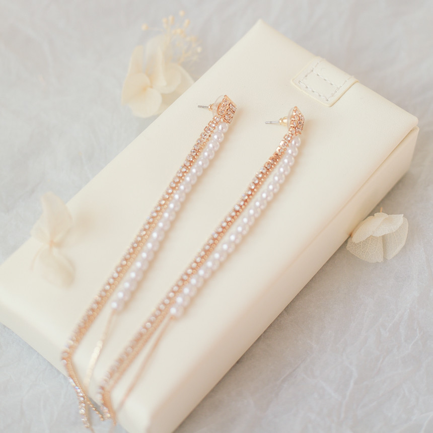 Eternal Long Pearl Cubic Drop Earrings Tassle Bold