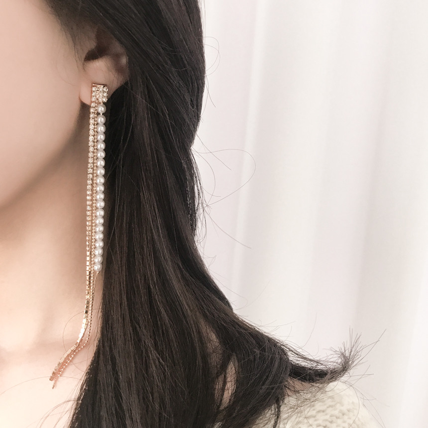 Eternal Long Pearl Cubic Drop Earrings Tassle Bold