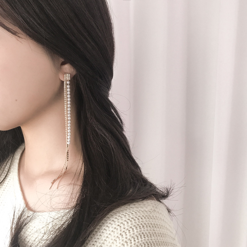 Eternal Long Pearl Cubic Drop Earrings Tassle Bold