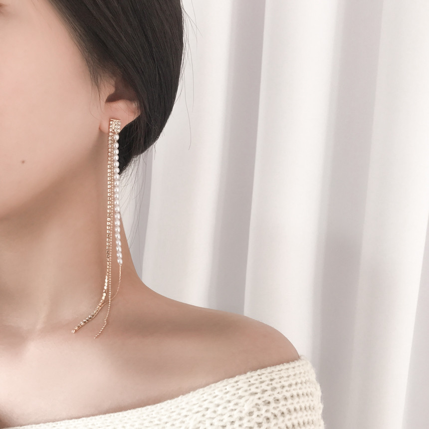 Eternal Long Pearl Cubic Drop Earrings Tassle Bold