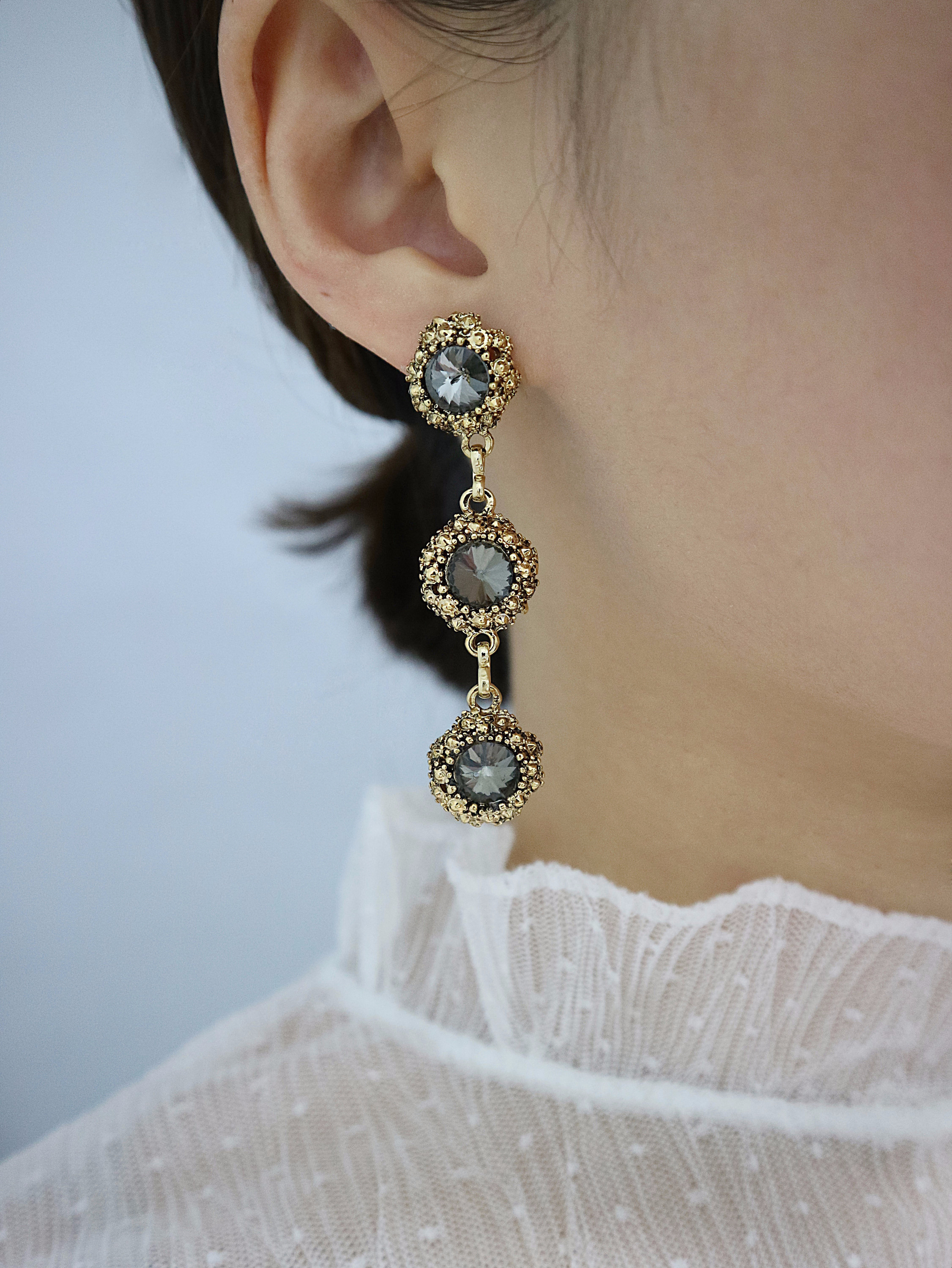 Surreal Steel Glass Garnet Black Antique Drop Earr