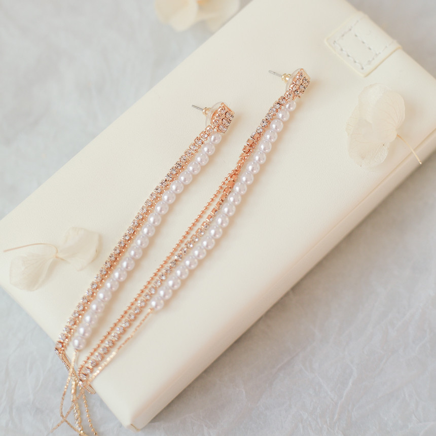 Eternal Long Pearl Cubic Drop Earrings Tassle Bold