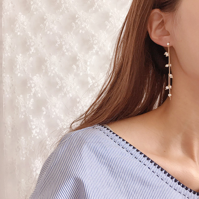 Natural Freshwater Pearl Two Line Long Drop Earrin