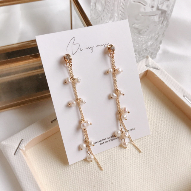 Natural Freshwater Pearl Two Line Long Drop Earrin