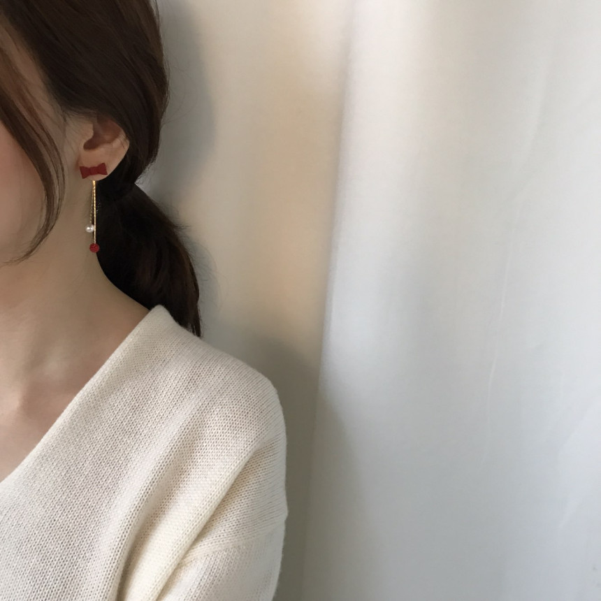 Ham Ribbon Stone Pearl Drop Earrings Date Fashion 