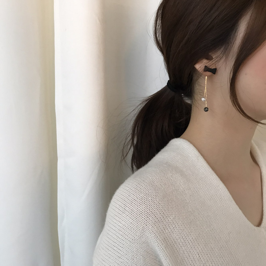 Ham Ribbon Stone Pearl Drop Earrings Date Fashion 